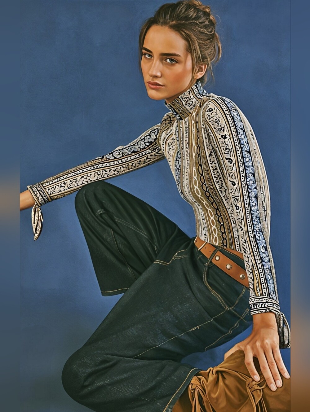 Free People Donatella Blue Paisley High Neck Top